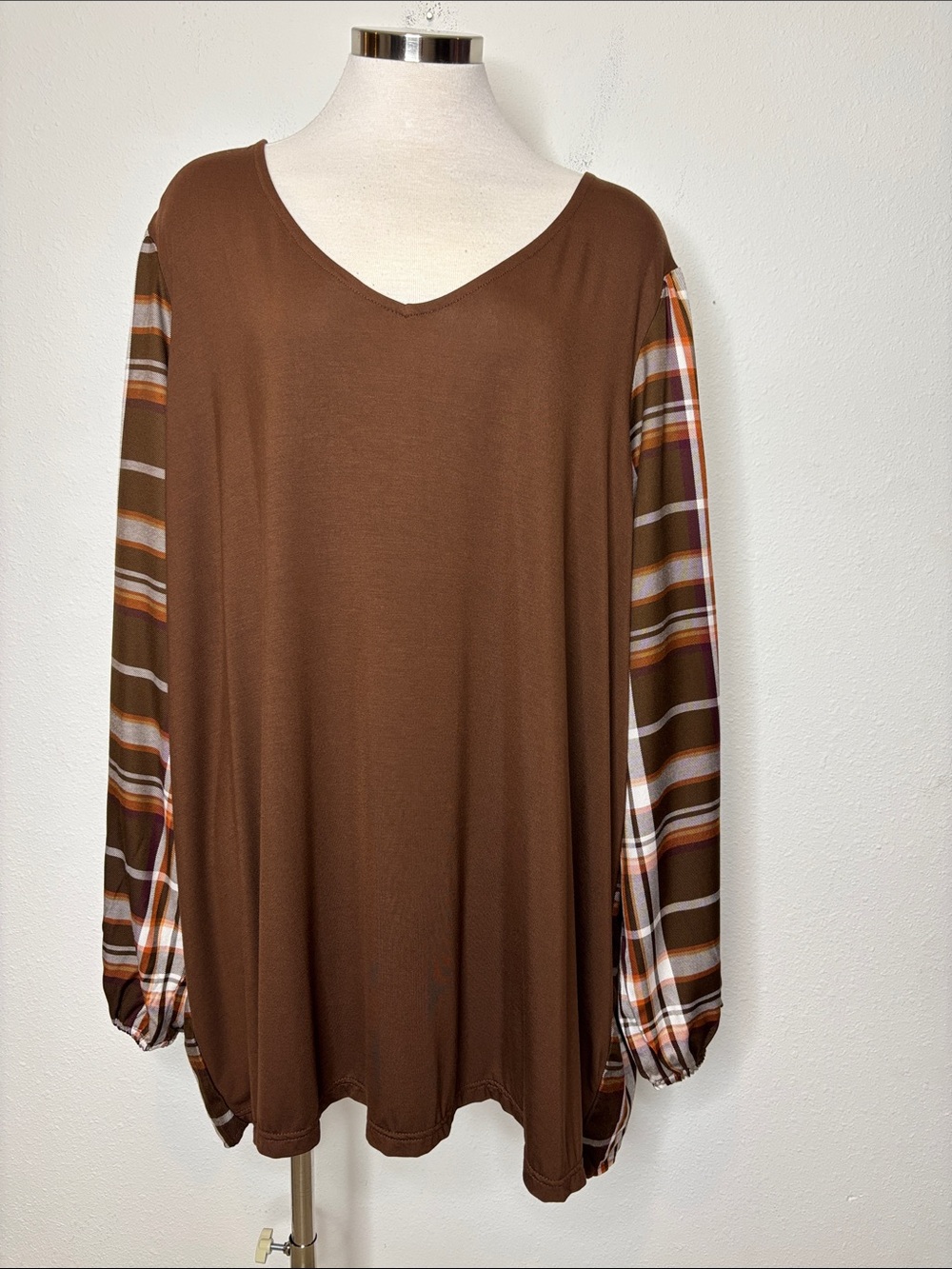 Belle by Kim Gravel Brown V-Neck Tunic with Plaid Sleeves